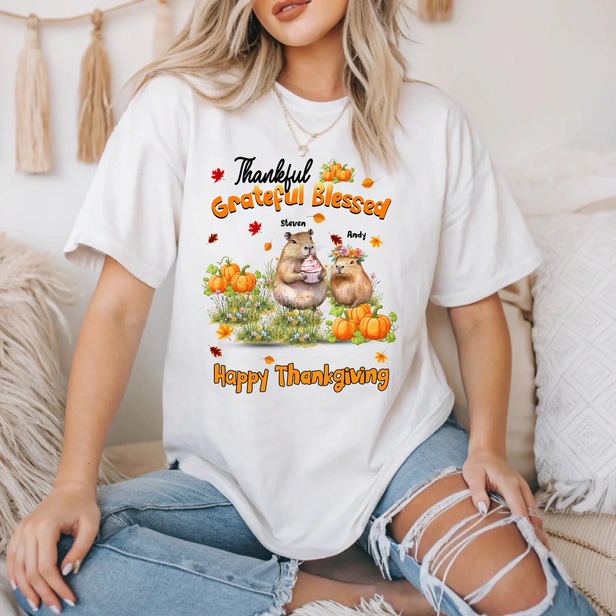 Thanksiving Capybara Personalized Thanksgiving Shirt – Custom Family Names & Capybara Fall ...