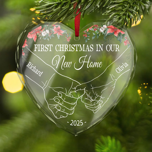 Holding Hands First Christmas Couple - Personalized Heart Shaped Glass Ornament