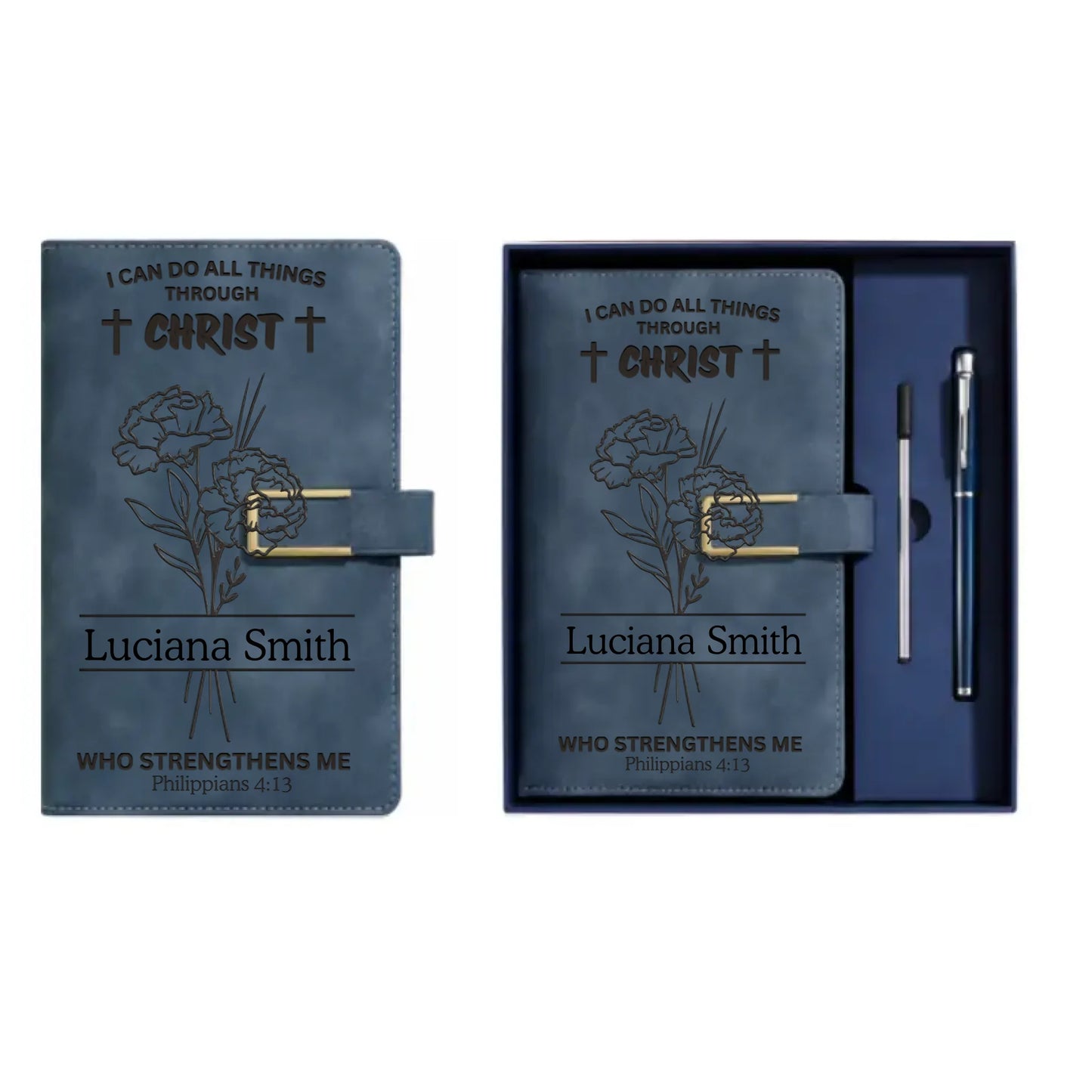 Personalized I Can Do All Things Through Christ Leather Journal Set