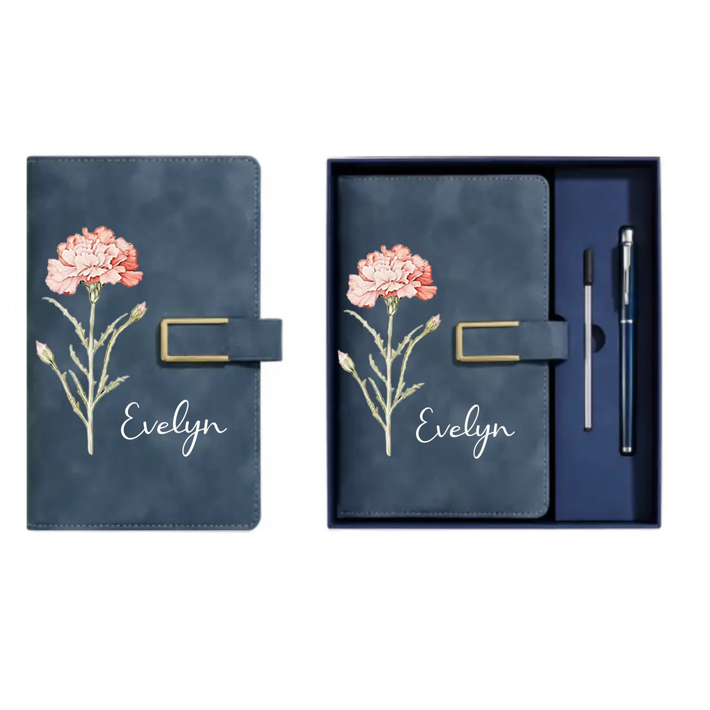 Personalized Birth Flower Leather Journal Set