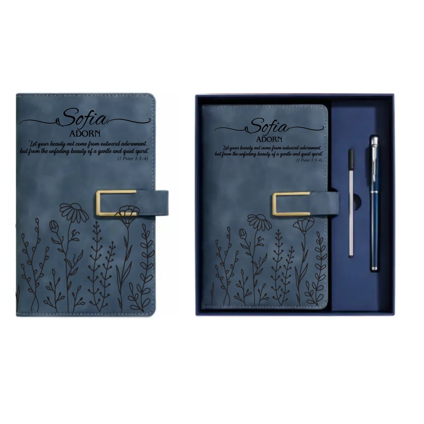 Custom Name With Bible Verse And Birth Month Flower Leather Journal Set
