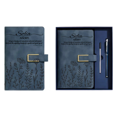 Custom Name With Bible Verse And Birth Month Flower Leather Journal Set
