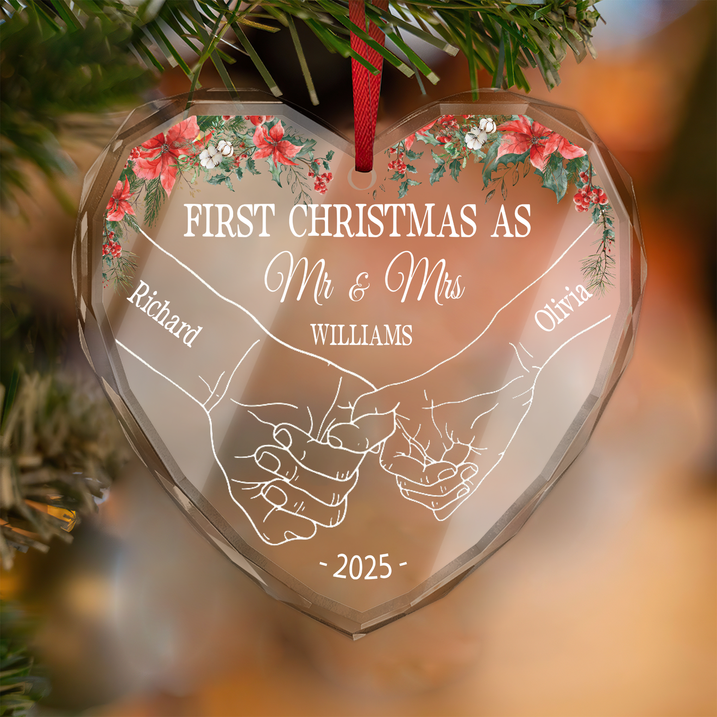 Holding Hands First Christmas Couple - Personalized Heart Shaped Glass Ornament