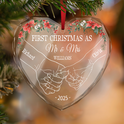 Holding Hands First Christmas Couple - Personalized Heart Shaped Glass Ornament