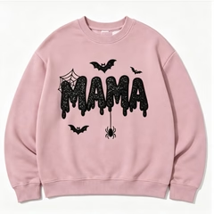 Halloween MAMA Embroidered Sweatshirt – Spooky Bat & Spider Graphic Crewneck Pullover for Moms