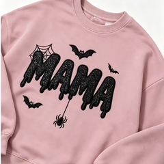 Halloween MAMA Embroidered Sweatshirt – Spooky Bat & Spider Graphic Crewneck Pullover for Moms