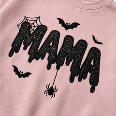 Halloween MAMA Embroidered Sweatshirt – Spooky Bat & Spider Graphic Crewneck Pullover for Moms